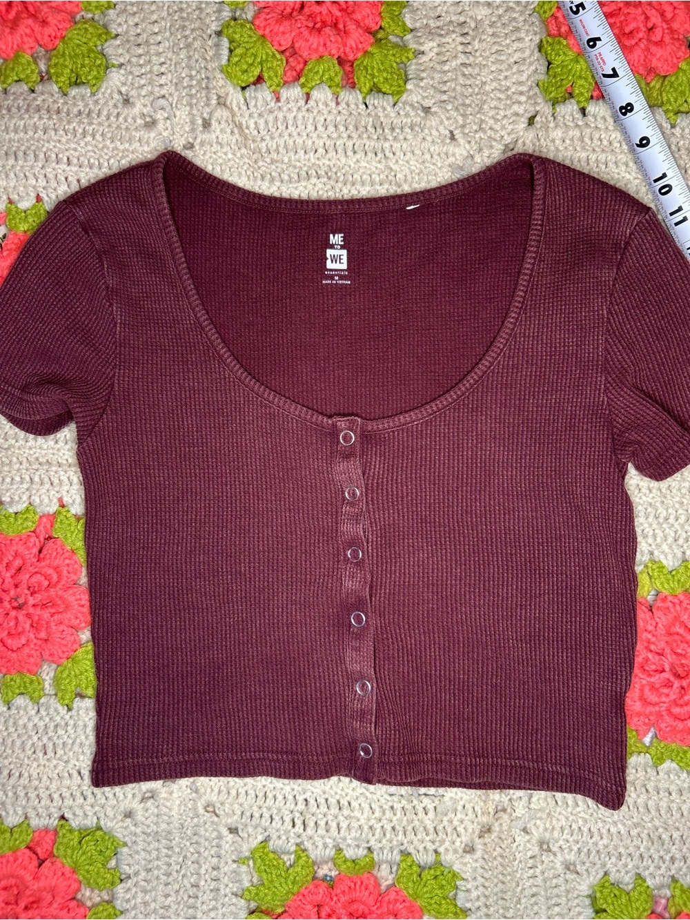 Me to We Burgundy Ribbed Snap-Front Crop Top